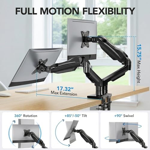 HUANUO FlowLift  Dual Monitor Stand  Fully Adjustable Gaming Monitor Desk Mount for 13 32  Computer Screens  Full Motion VESA 75x75/100x100 with C Clamp & Grommet Base  Each Arm Holds 4 4 to 19 8 lbs
