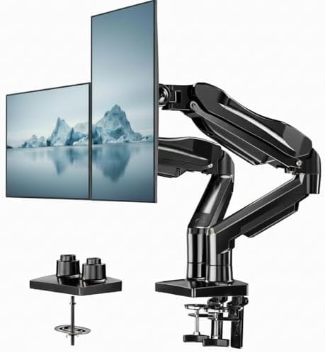 HUANUO FlowLift  Dual Monitor Stand  Fully Adjustable Gaming Monitor Desk Mount for 13 32  Computer Screens  Full Motion VESA 75x75/100x100 with C Clamp & Grommet Base  Each Arm Holds 4 4 to 19 8 lbs