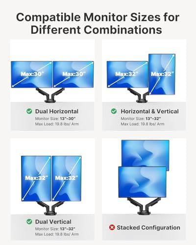 HUANUO FlowLift  Dual Monitor Stand  Fully Adjustable Gaming Monitor Desk Mount for 13 32  Computer Screens  Full Motion VESA 75x75/100x100 with C Clamp & Grommet Base  Each Arm Holds 4 4 to 19 8 lbs