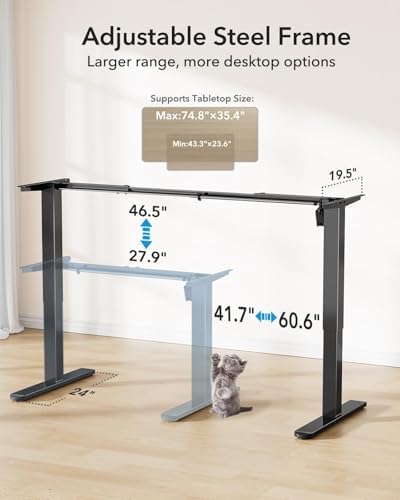 HUANUO Standing Desk Frame with 220lbs Powerful Brushless Motor  Thick T Shaped Adjustable Desk Legs Made of Automotive Grade Steel  for Max 75  x 35  Desktop  for Home Office  Black Frame Only