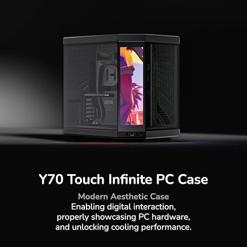 HYTE Y70 Touch Infinite Modern Aesthetic Gaming PC Case   Integrated 2 5K LCD Touchscreen Screen Display   Dual Chamber ATX Desktop Chassis   10 Fan Capacity   Luxury PCIe 4 0 Riser Cable  Pitch Black