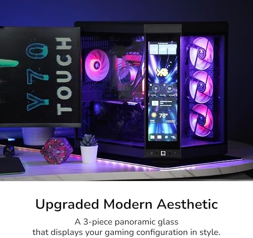 HYTE Y70 Touch Infinite Modern Aesthetic Gaming PC Case   Integrated 2 5K LCD Touchscreen Screen Display   Dual Chamber ATX Desktop Chassis   10 Fan Capacity   Luxury PCIe 4 0 Riser Cable  Pitch Black