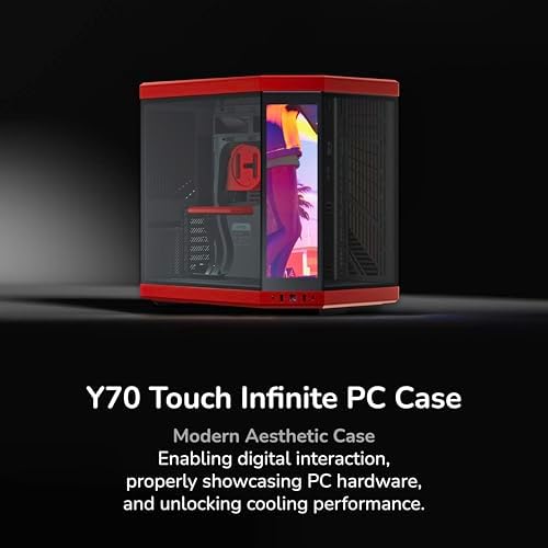 HYTE Y70 Touch Infinite Modern Aesthetic Gaming PC Case   Integrated 2 5K LCD Touchscreen Screen Display   Dual Chamber ATX Desktop Chassis   10 Fan Capacity   Luxury PCIe 4 0 Riser Cable   Cherry/Red