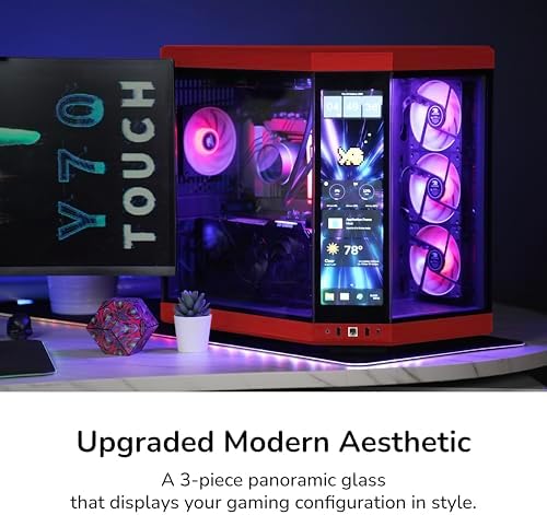 HYTE Y70 Touch Infinite Modern Aesthetic Gaming PC Case   Integrated 2 5K LCD Touchscreen Screen Display   Dual Chamber ATX Desktop Chassis   10 Fan Capacity   Luxury PCIe 4 0 Riser Cable   Cherry/Red