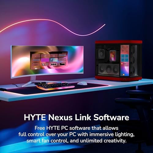 HYTE Y70 Touch Infinite Modern Aesthetic Gaming PC Case   Integrated 2 5K LCD Touchscreen Screen Display   Dual Chamber ATX Desktop Chassis   10 Fan Capacity   Luxury PCIe 4 0 Riser Cable   Cherry/Red