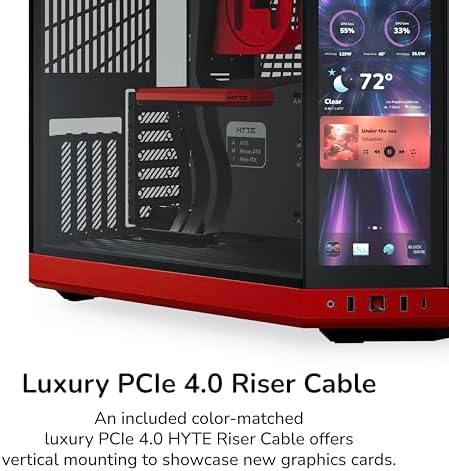 HYTE Y70 Touch Infinite Modern Aesthetic Gaming PC Case   Integrated 2 5K LCD Touchscreen Screen Display   Dual Chamber ATX Desktop Chassis   10 Fan Capacity   Luxury PCIe 4 0 Riser Cable   Cherry/Red