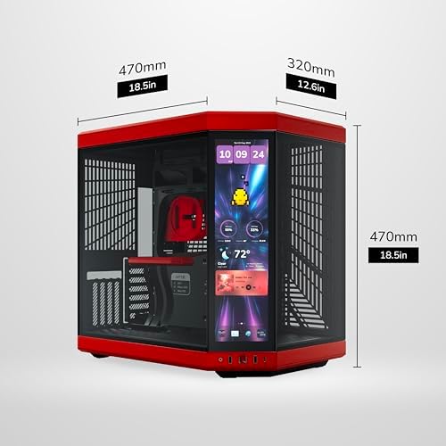 HYTE Y70 Touch Infinite Modern Aesthetic Gaming PC Case   Integrated 2 5K LCD Touchscreen Screen Display   Dual Chamber ATX Desktop Chassis   10 Fan Capacity   Luxury PCIe 4 0 Riser Cable   Cherry/Red