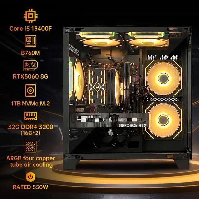 HZG Gaming Desktop Computer PC Intel Core i5 13400F GeForce RTX 5060 8G 32GB RAM and 1TB NVMe M 2 SSD  WiFi6E  ARGB Fan  Prebuilt Gaming PC Tower Windows 11