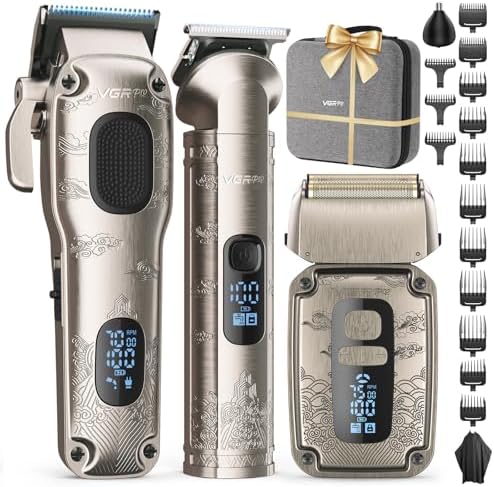 Hair Clippers & Trimmers Set for Men Professional  Waterproof Electric Razor Foil Shaver for Men Face Beard  Cordless for Hair Cutting  4 Speed Setting  LED Battery Display  Barber or Home Use