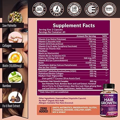 Hair Growth Vitamins for Women   Biotin 10 000mcg  Collagen  Patented OptiMSM   goMCT   Saw Palmetto   Naturally Regrow Stronger & Healthier Hair  Skin and Nails   Stops Hair Loss   60 Day Supply