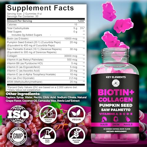 Hair Skin and Nails 10000mcg Gummies & Collagen Gummies   Biotin Vitamins Gummies for Hair Growth Pumpkin Seed Oil  Saw Palmetto Extract & Vitamins A B6 C D E   Biotin and Collagen Supplements