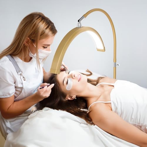 Luz de media luna para tecnología de pestañas, lámpara de pestañas de cuello de cisne con soporte para teléfono para arte de pestañas, tatuajes y cuidado de la piel, lámpara de pie LED