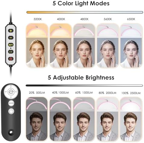 Luz de media luna para tecnología de pestañas, lámpara de pestañas de cuello de cisne con soporte para teléfono para arte de pestañas, tatuajes y cuidado de la piel, lámpara de pie LED