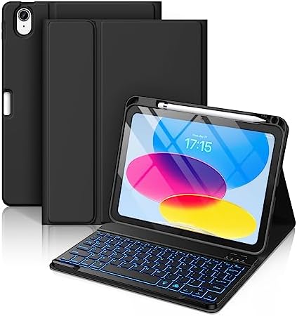 Hamile for iPad 11th 10th Generation Case with Keyboard   7 Colors Backlit Wireless Detachable Folio Keyboard Cover with Pencil Holder for iPad 11 inch A16 2025 10th Gen 10 9 Inch 2022  Black 