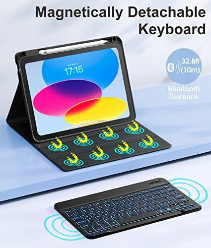 Hamile for iPad 11th 10th Generation Case with Keyboard   7 Colors Backlit Wireless Detachable Folio Keyboard Cover with Pencil Holder for iPad 11 inch A16 2025 10th Gen 10 9 Inch 2022  Black 