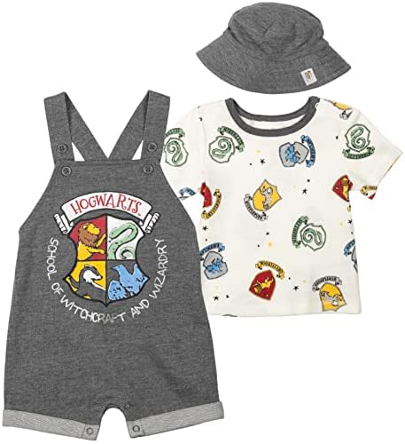 Harry Potter Hermione Hedwig Ron Weasley Baby French Terry Short Overalls T Shirt & Hat 3 Piece Outfit Newborn to Infant