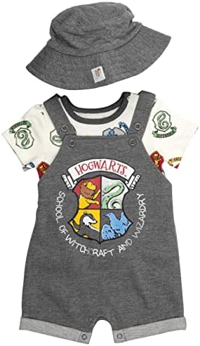 Harry Potter Hermione Hedwig Ron Weasley Baby French Terry Short Overalls T Shirt & Hat 3 Piece Outfit Newborn to Infant