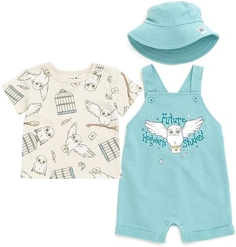 Harry Potter Hermione Hedwig Ron Weasley Baby French Terry Short Overalls T Shirt & Hat 3 Piece Outfit Newborn to Infant