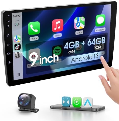Haudio - Estéreo de coche Android de 9 pulgadas con doble DIN (RAM4GB+ROM64GB) para Apple Carplay y Android Auto, radio de coche con cámara trasera, pantalla táctil HD, soporte para asistente de voz