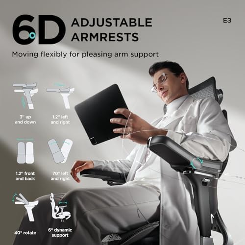 Hbada E3 Pro Ergonomic Office Chair  Big and Tall Office Chair   with 3 Zone Dynamic Lumbar Support  4D Adjustable Headrest  6D Adjustable Armrests  Swivel  Grey