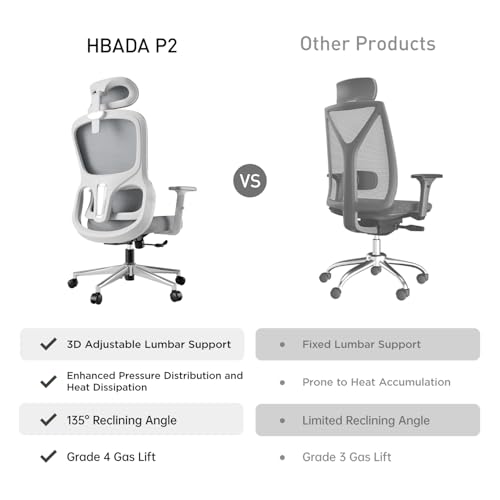 Hbada P2 Office Chair  Computer Chair with 3D Adjustable Lumbar Support  Swivel Ergonomic Office Chairs  Adjustable 2D Headrest with PU Wheels White