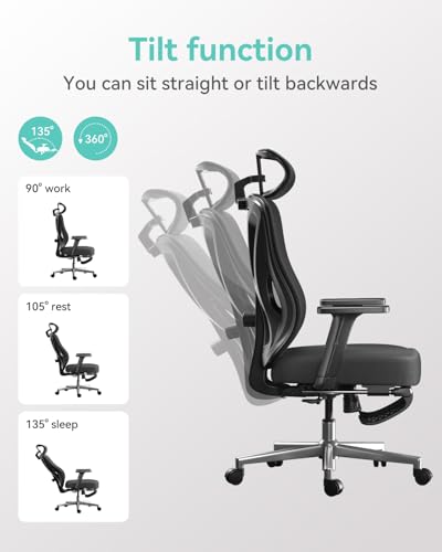 Hbada P5 Ergonomic Office Chair  Desk Chair with Adjustable Lumbar Support and Height  Comfortable Mesh Computer Chair with Footrest 2D Headrest  Swivel Tilt Function Black