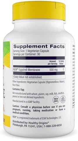 Healthy Origins Eggshell Membrane 500 mg  NEM  Non GMO  Gluten Free  Joint Support   30 Veggie Caps