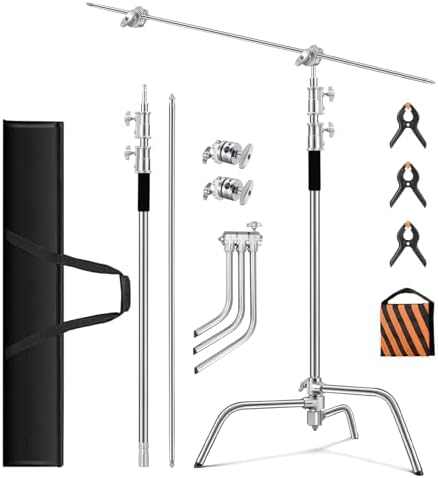 Heavy Duty C Stand 10 8ft/330cm with Boom Arm 100  Stainless Steel Photography C Stand Sturdy C Stand with Carry Bag Sandbag 3 Clip 2 Grip Head for Photography Studio Video Monolight Softbox Shooting