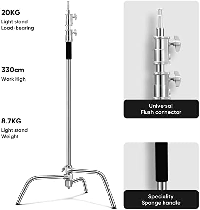 Heavy Duty C Stand 10 8ft/330cm with Boom Arm 100  Stainless Steel Photography C Stand Sturdy C Stand with Carry Bag Sandbag 3 Clip 2 Grip Head for Photography Studio Video Monolight Softbox Shooting