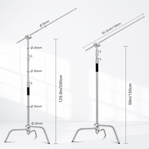 Heavy Duty C Stand 10 8ft/330cm with Boom Arm 100  Stainless Steel Photography C Stand Sturdy C Stand with Carry Bag Sandbag 3 Clip 2 Grip Head for Photography Studio Video Monolight Softbox Shooting
