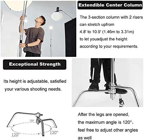Heavy Duty C Stand 10 8ft/330cm with Boom Arm 100  Stainless Steel Photography C Stand Sturdy C Stand with Carry Bag Sandbag 3 Clip 2 Grip Head for Photography Studio Video Monolight Softbox Shooting