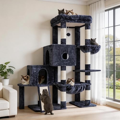 Hey brother Cat Tree Tower  Scratching Posts with Big Platform  2 Condos  Spacious Hammock  Cozy Basket  Sisal Board for Indoor Large Adults  50 Inches Progressive Climbing House  Smoky Gray MPJ071G