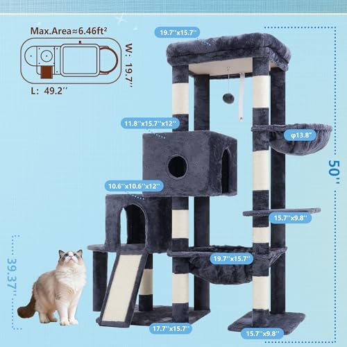 Hey brother Cat Tree Tower  Scratching Posts with Big Platform  2 Condos  Spacious Hammock  Cozy Basket  Sisal Board for Indoor Large Adults  50 Inches Progressive Climbing House  Smoky Gray MPJ071G