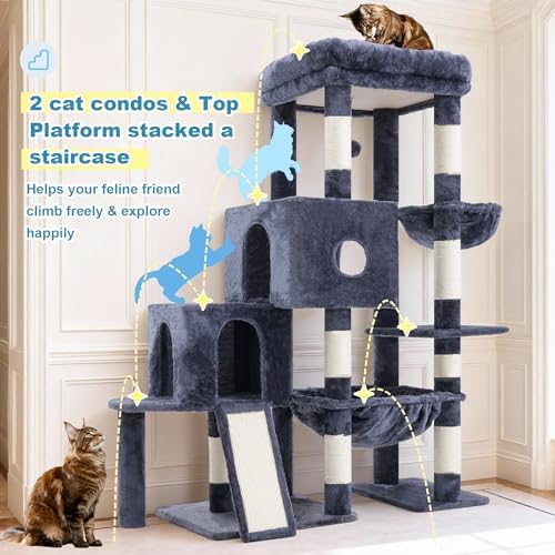 Hey brother Cat Tree Tower  Scratching Posts with Big Platform  2 Condos  Spacious Hammock  Cozy Basket  Sisal Board for Indoor Large Adults  50 Inches Progressive Climbing House  Smoky Gray MPJ071G