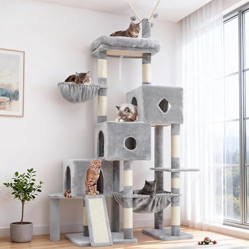 Hey brother Cat Tree Tower  Scratching Posts with Big Platform  2 Condos  Spacious Hammock  Cozy Basket  Sisal Board for Indoor Large Adults  50 Inches Progressive Climbing House  Smoky Gray MPJ071G