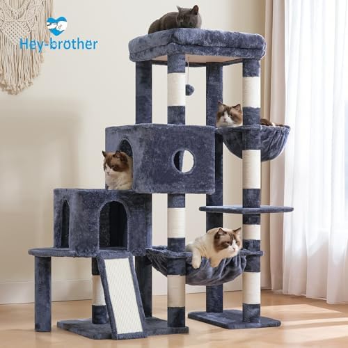 Hey brother Cat Tree Tower  Scratching Posts with Big Platform  2 Condos  Spacious Hammock  Cozy Basket  Sisal Board for Indoor Large Adults  50 Inches Progressive Climbing House  Smoky Gray MPJ071G