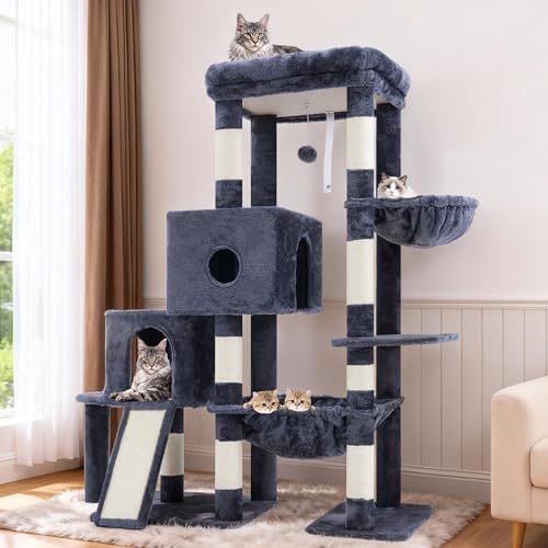 Hey brother Cat Tree Tower  Scratching Posts with Big Platform  2 Condos  Spacious Hammock  Cozy Basket  Sisal Board for Indoor Large Adults  50 Inches Progressive Climbing House  Smoky Gray MPJ071G