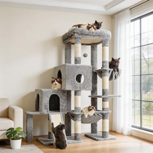 Hey brother Cat Tree Tower  Scratching Posts with Big Platform  2 Condos  Spacious Hammock  Cozy Basket  Sisal Board for Indoor Large Adults  50 Inches Progressive Climbing House  Smoky Gray MPJ071G