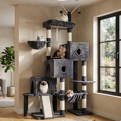 Hey brother Cat Tree Tower  Scratching Posts with Big Platform  2 Condos  Spacious Hammock  Cozy Basket  Sisal Board for Indoor Large Adults  50 Inches Progressive Climbing House  Smoky Gray MPJ071G