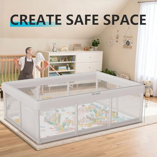 Hiaksedt Baby Playpen 74x50 in PlayPen for Babies and Toddlers  Large Play Yards for Indoor & Outdoor with Zipper Gates  Breathable Mesh with Mat