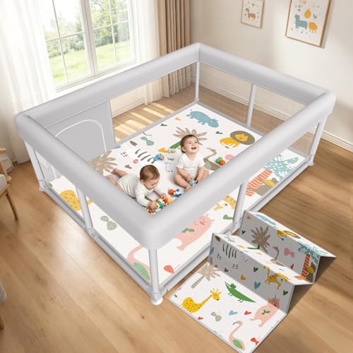 Hiaksedt Baby Playpen 74x50 in PlayPen for Babies and Toddlers  Large Play Yards for Indoor & Outdoor with Zipper Gates  Breathable Mesh with Mat
