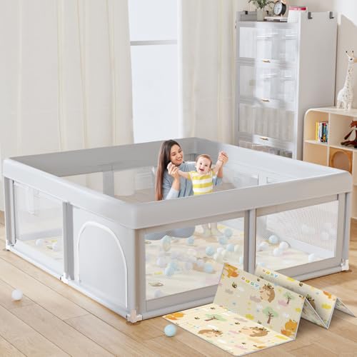 Hiaksedt Baby Playpen 74x50 in PlayPen for Babies and Toddlers  Large Play Yards for Indoor & Outdoor with Zipper Gates  Breathable Mesh with Mat