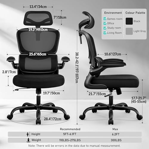 High Back Ergonomic Office Chair  Breathable Mesh Desk Chair with Lumbar Support  Adjustable Headrest  Flip up Armrests  Computer Gaming Chair   LightGray  1Pack 