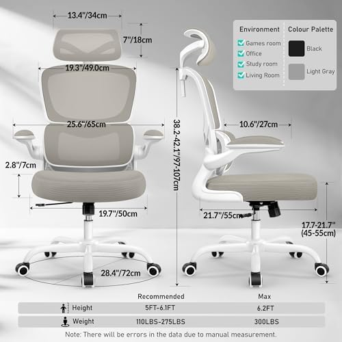 High Back Ergonomic Office Chair  Breathable Mesh Desk Chair with Lumbar Support  Adjustable Headrest  Flip up Armrests  Computer Gaming Chair   LightGray  1Pack 