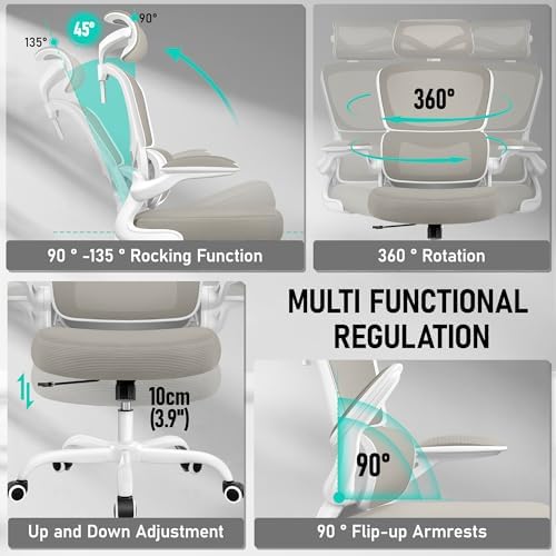 High Back Ergonomic Office Chair  Breathable Mesh Desk Chair with Lumbar Support  Adjustable Headrest  Flip up Armrests  Computer Gaming Chair   LightGray  1Pack 