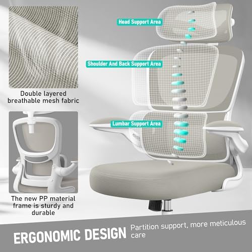 High Back Ergonomic Office Chair  Breathable Mesh Desk Chair with Lumbar Support  Adjustable Headrest  Flip up Armrests  Computer Gaming Chair   LightGray  1Pack 