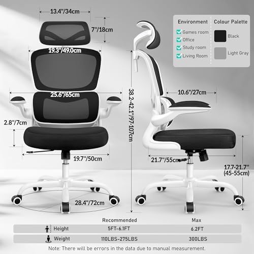 High Back Ergonomic Office Chair  Breathable Mesh Desk Chair with Lumbar Support  Adjustable Headrest  Flip up Armrests  Computer Gaming Chair   LightGray  1Pack 