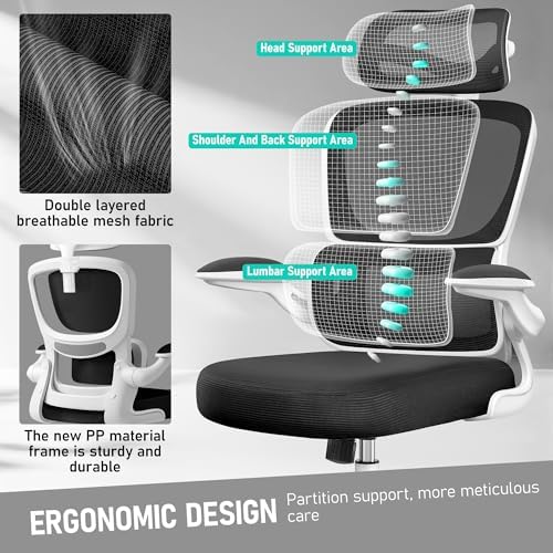 High Back Ergonomic Office Chair  Breathable Mesh Desk Chair with Lumbar Support  Adjustable Headrest  Flip up Armrests  Computer Gaming Chair   LightGray  1Pack 
