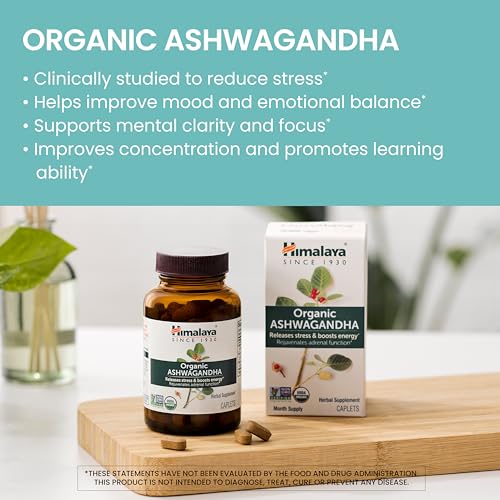 Himalaya Organic Ashwagandha  90 Day Supply  Herbal Supplement for Stress Relief  Energy  Occasional Sleeplessness  Excipient Free  Organic  Non GMO  Vegan  Gluten Free  670 mg  90 Caplets