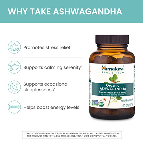 Himalaya Organic Ashwagandha  90 Day Supply  Herbal Supplement for Stress Relief  Energy  Occasional Sleeplessness  Excipient Free  Organic  Non GMO  Vegan  Gluten Free  670 mg  90 Caplets